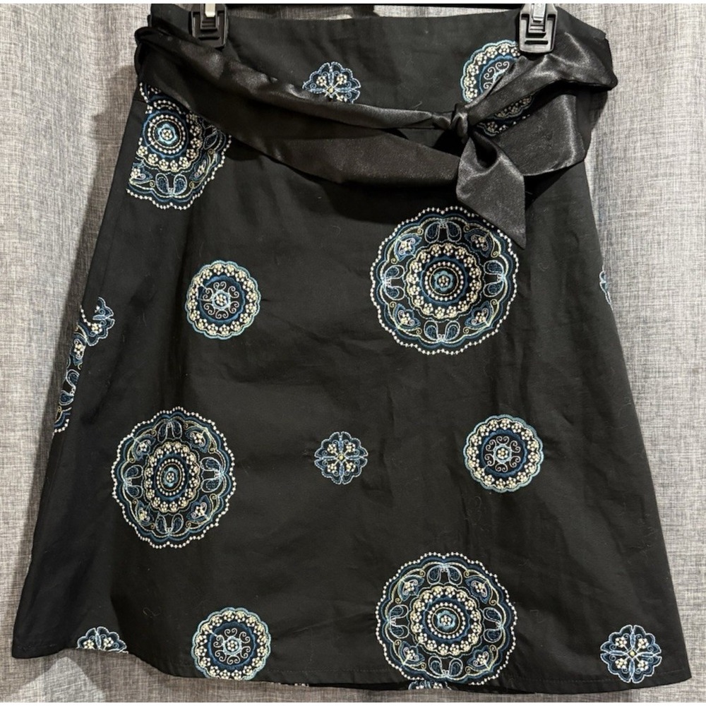 Heart Soul Womens‎ Sz 9 Black Embroidered A-line Flare Skirt Satin Belt Side Zip